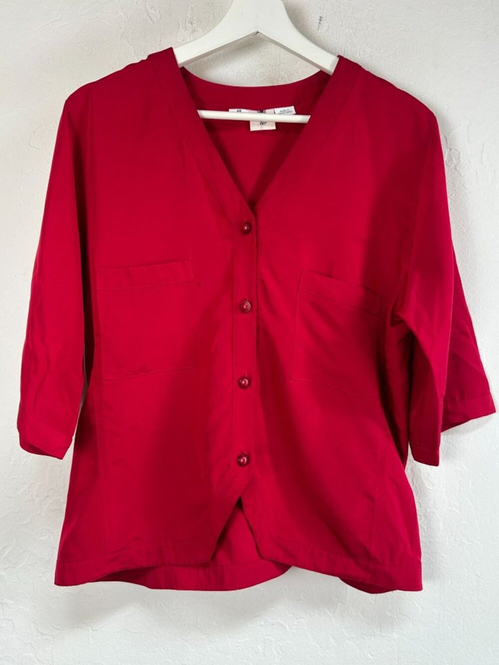 Vintage Ungaro Ter Womens Red Blouse Top Size 48/14 V-Neck 3/4 Sleeve Pockets